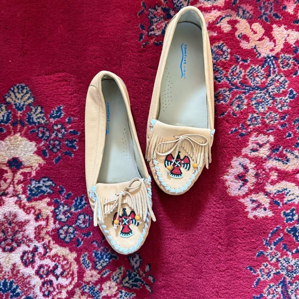 Minnetonka Tan Moccasins with Colorful Embroidery